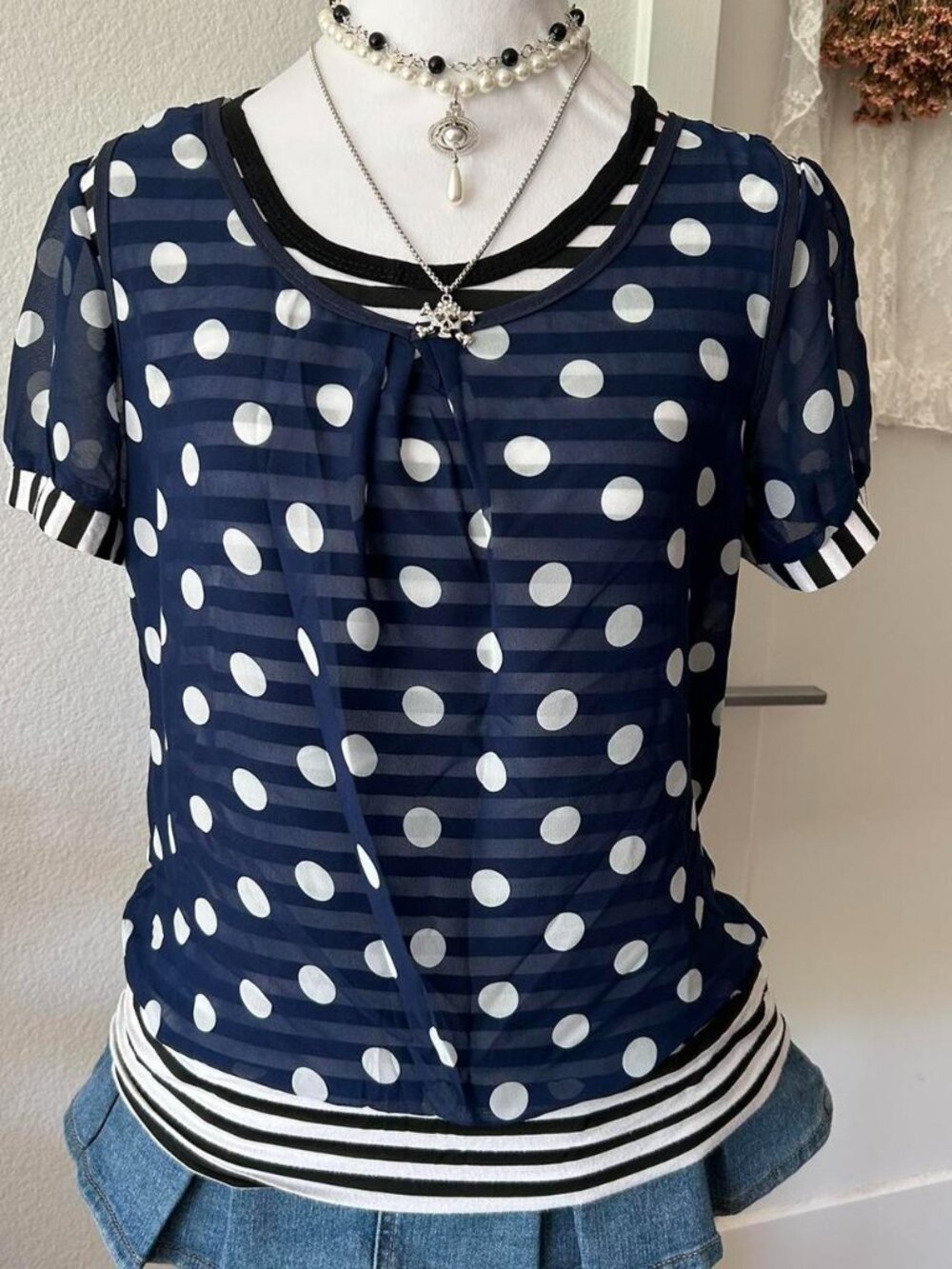 Navy Blue, Black, and White Layered Short Sleeve Top